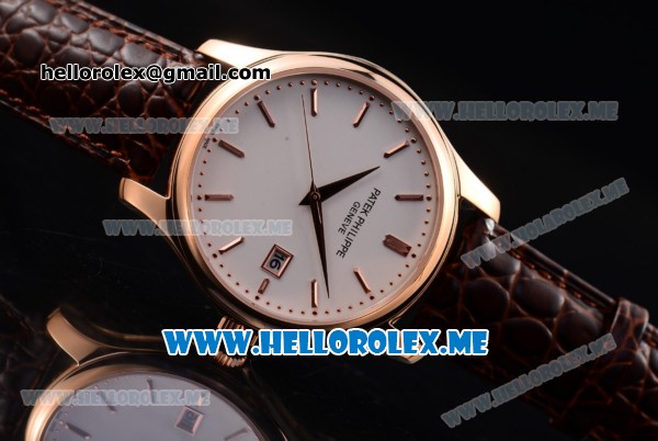 Patek Philippe Calatrava Miyota Quartz Rose Gold Case with White Dial and Brown Leather Strap Stick Markers - Click Image to Close